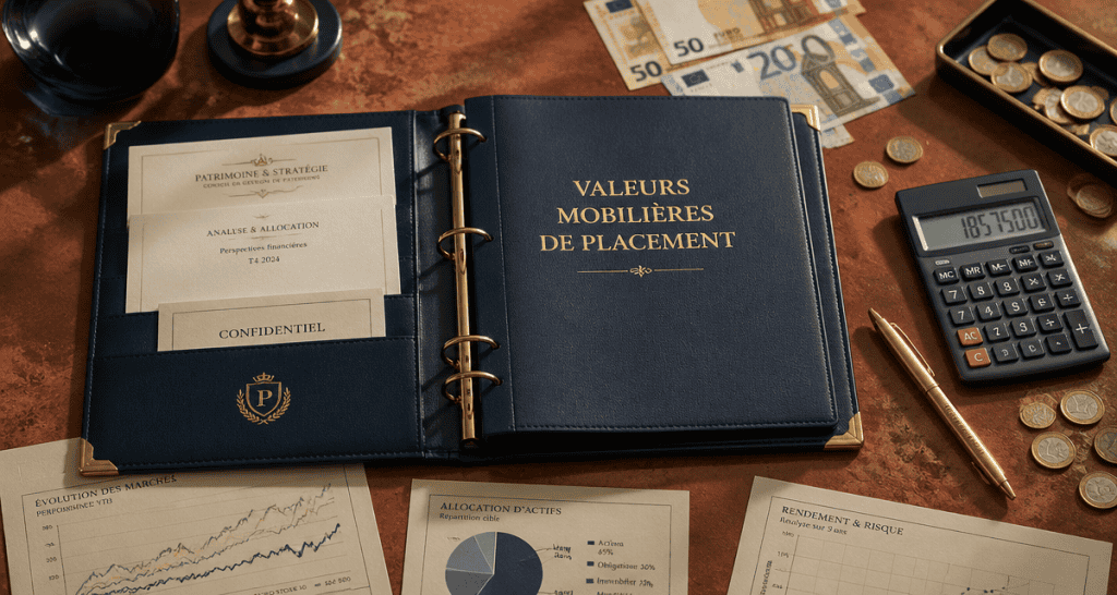 valeur mobiliere de placement sur bureau avec documents et euros