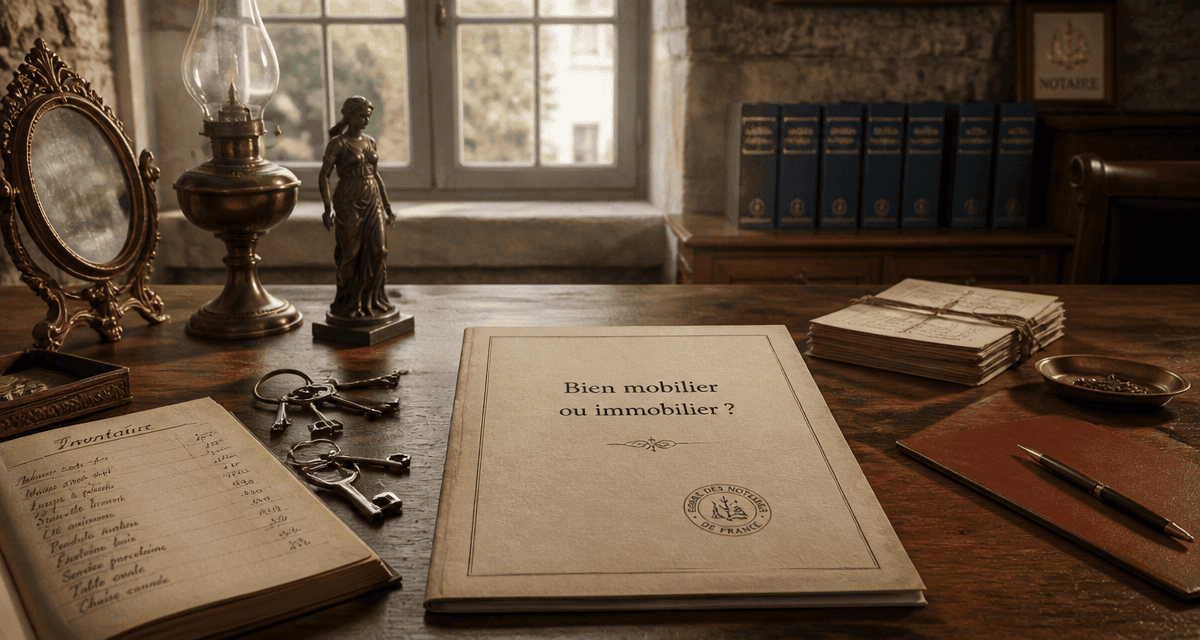 bien mobilier ou immobilier, salle de notaire, objets et clés