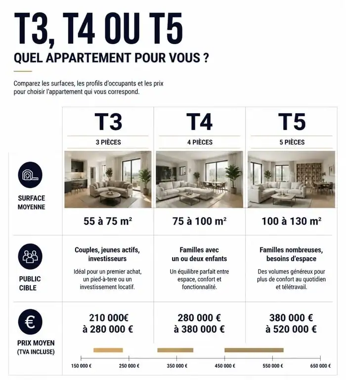 Comparatif des caractéristiques entre appartement T3, T4 et T5 pour choisir son logement