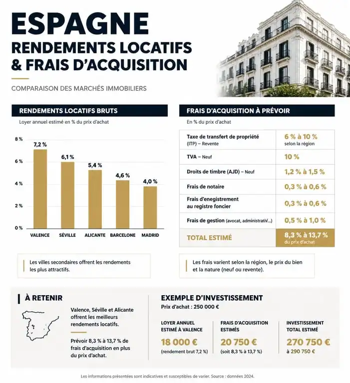 Infographie sur l'investissement immobilier en Espagne : rendements locatifs et frais d'achat