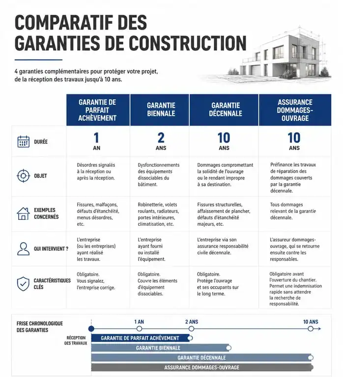 Tableau comparatif des garanties de construction : garantie décennale et autres assurances travaux