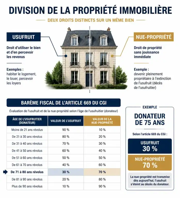 Schéma explicatif de la donation en nue-propriété après 70 ans et barème fiscal