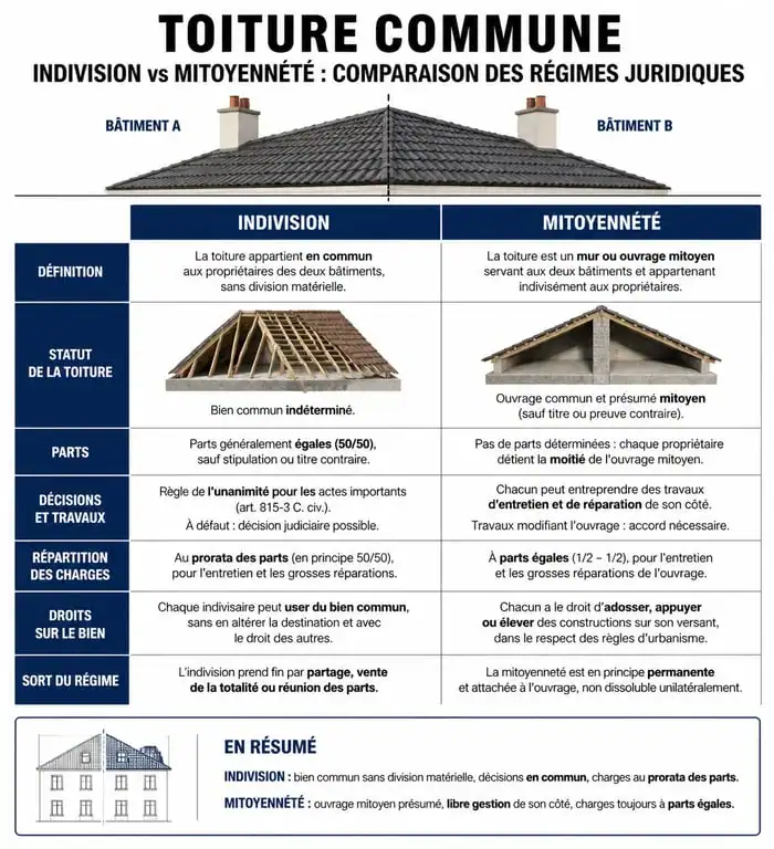 Comparatif juridique entre indivision et mitoyenneté pour une toiture commune sans copropriété