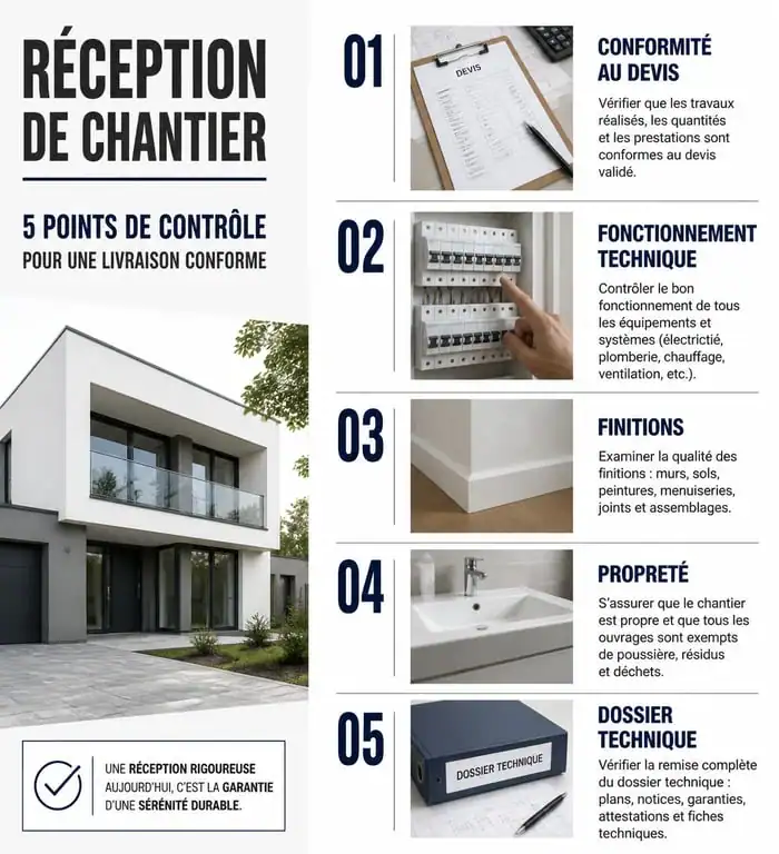 Infographie des 5 points de contrôle pour la réception de travaux avec des artisans du bâtiment