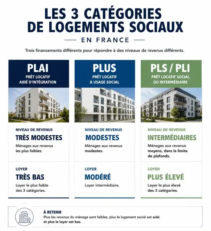 Infographie des catégories de logement social : PLAI, PLUS et PLS/PLI