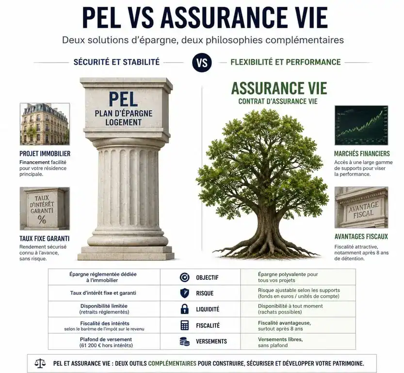 Infographie comparative entre le PEL ou assurance vie pour choisir son placement financier
