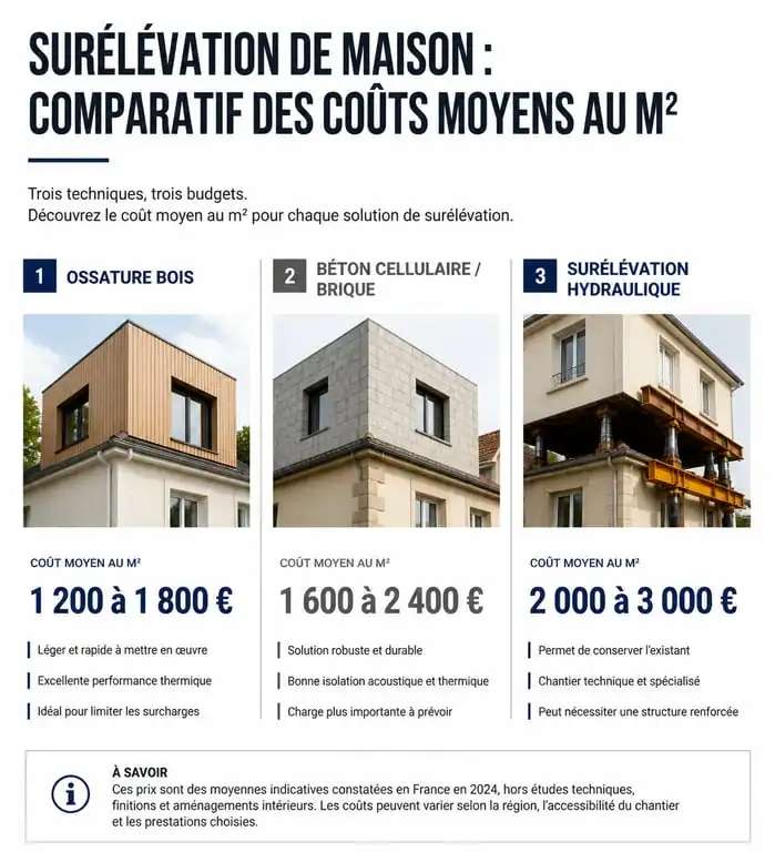 Comparatif des prix au m2 pour une surélévation de maison de 40m2 selon la technique choisie