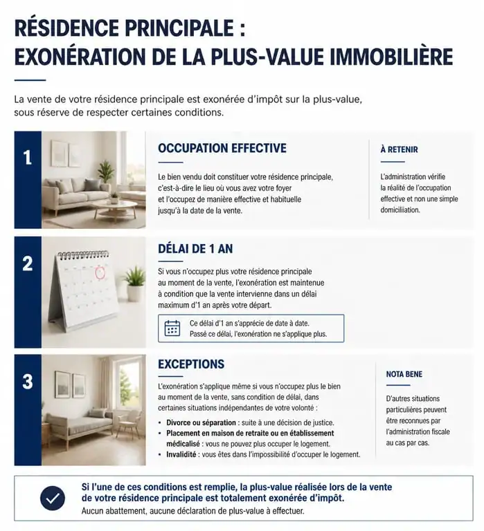 Infographie des conditions d'exonération d'impôt sur la vente d'une résidence principale