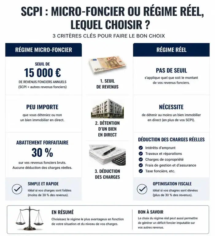 Infographie comparative : micro-foncier et SCPI vs régime réel