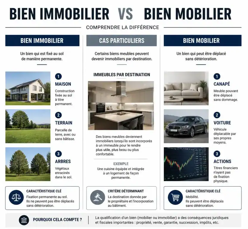 Infographie comparative entre bien mobilier et bien immobilier pour la gestion de patrimoine