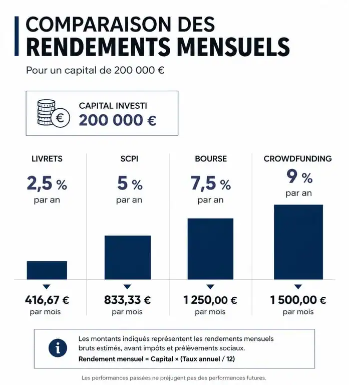 Infographie comparative des rendements mensuels pour un placement de 200 000 euros