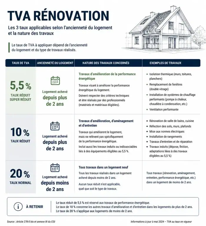 Infographie des taux de TVA 5,5%, 10% et 20% pour les travaux de rénovation
