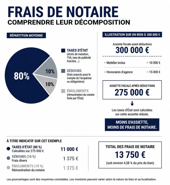 Infographie expliquant comment faire baisser les frais de notaire lors d'un achat immobilier