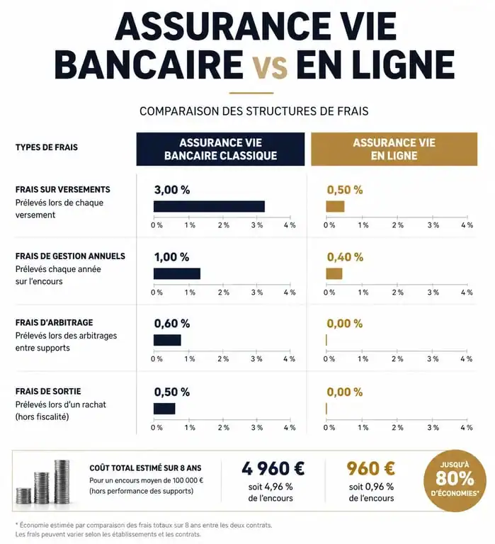 Comparatif des frais d'assurance vie : banque classique vs assurance vie en ligne