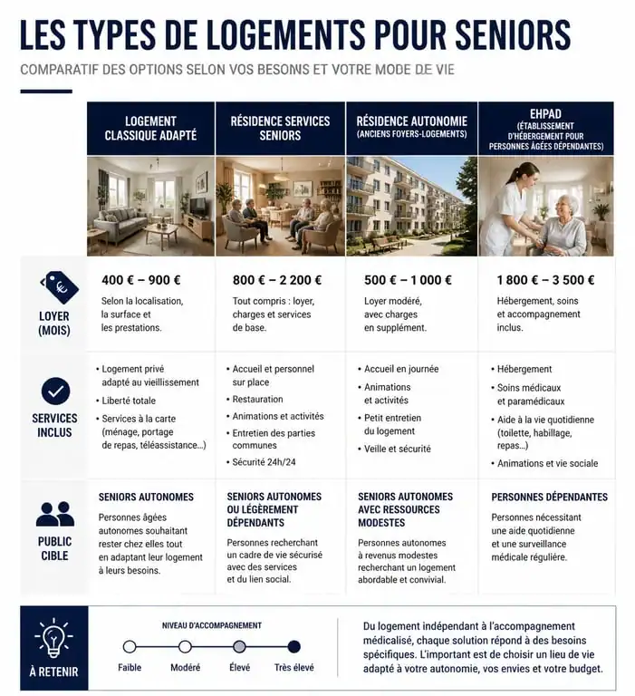 Comparatif des types de logements pour seniors : maison sociale, résidence services, résidence autonomie et village senior
