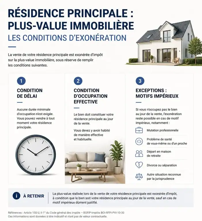 Infographie des conditions d'exonération de la taxe sur la vente de résidence principale