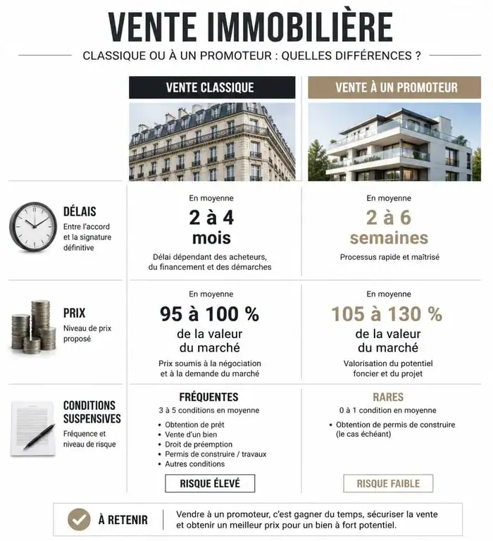Comparatif vente immobilière classique vs vente à un promoteur immobilier