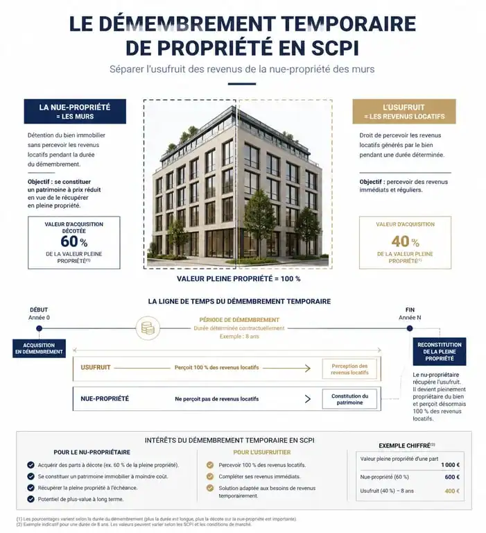 Schéma explicatif du mécanisme de démembrement de propriété et usufruit SCPI