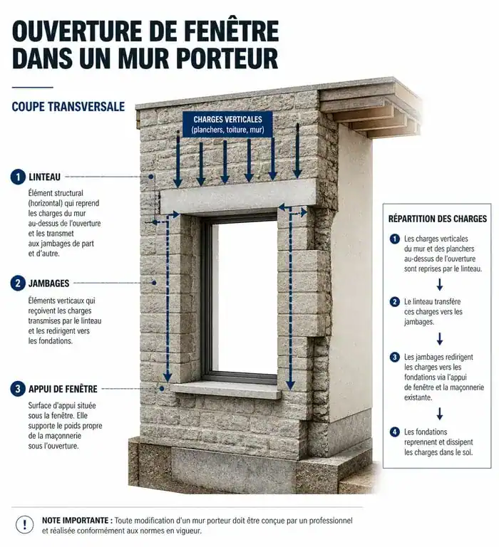 Schéma technique de l'agrandissement d'une fenêtre dans un mur porteur
