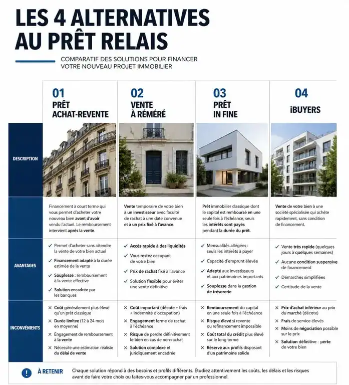 Infographie comparative des alternatives au prêt relais pour financer son achat immobilier