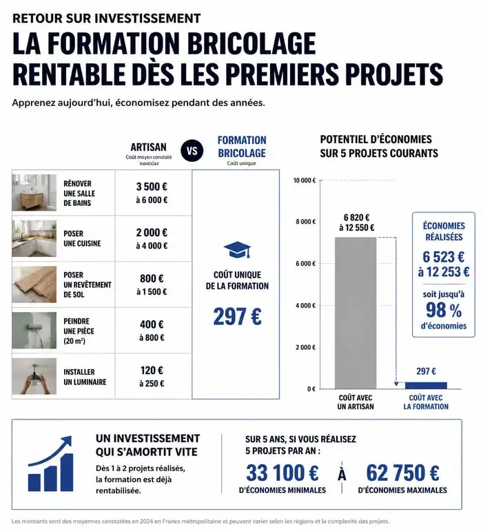 Infographie comparant le coût d'un artisan et le coût d'une formation en bricolage pour estimer les économies réalisées