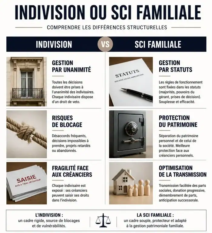 Comparatif entre l'indivision et la SCI familiale pour la gestion de patrimoine immobilier