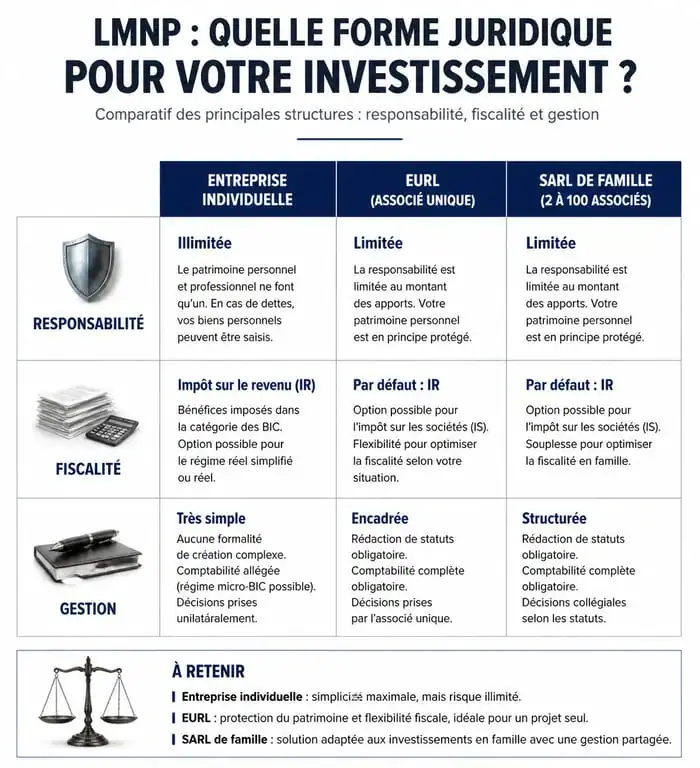 Infographie comparative des formes juridiques pour le statut LMNP