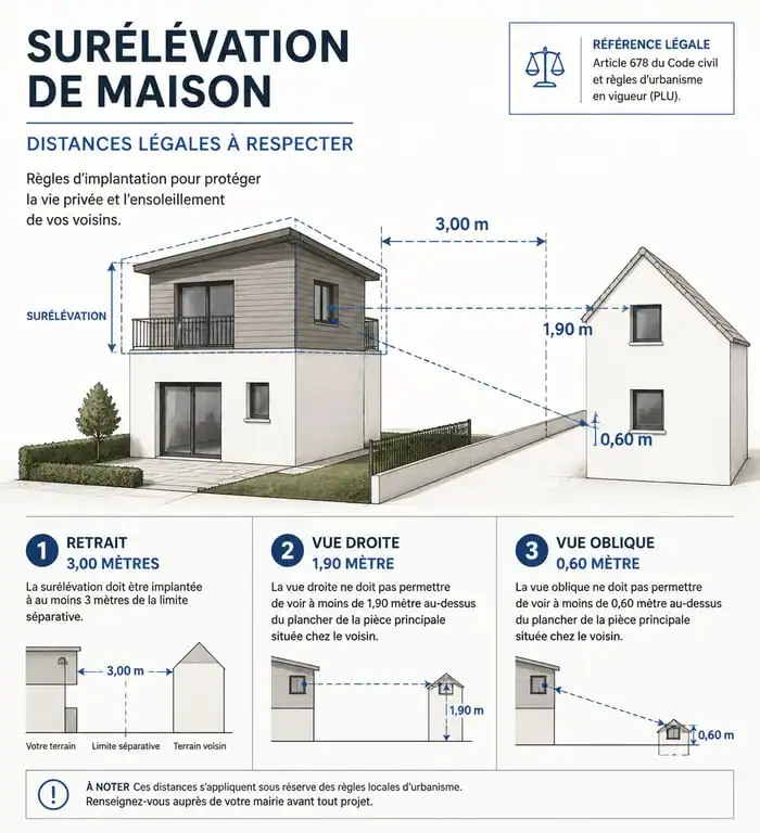 Schéma des distances légales pour un projet de surélévation de maison et voisinage
