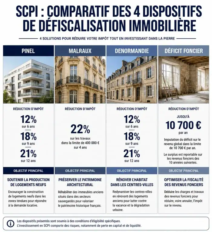Comparatif des dispositifs de défiscalisation en SCPI : Pinel, Malraux, Denormandie et Déficit Foncier