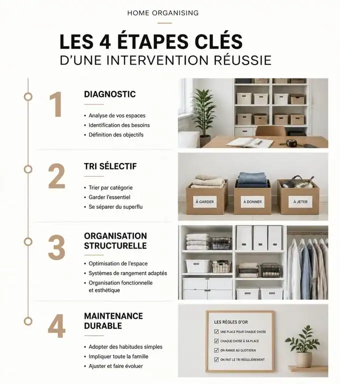 Étapes clés d'une aide au rangement maison pour un intérieur organisé