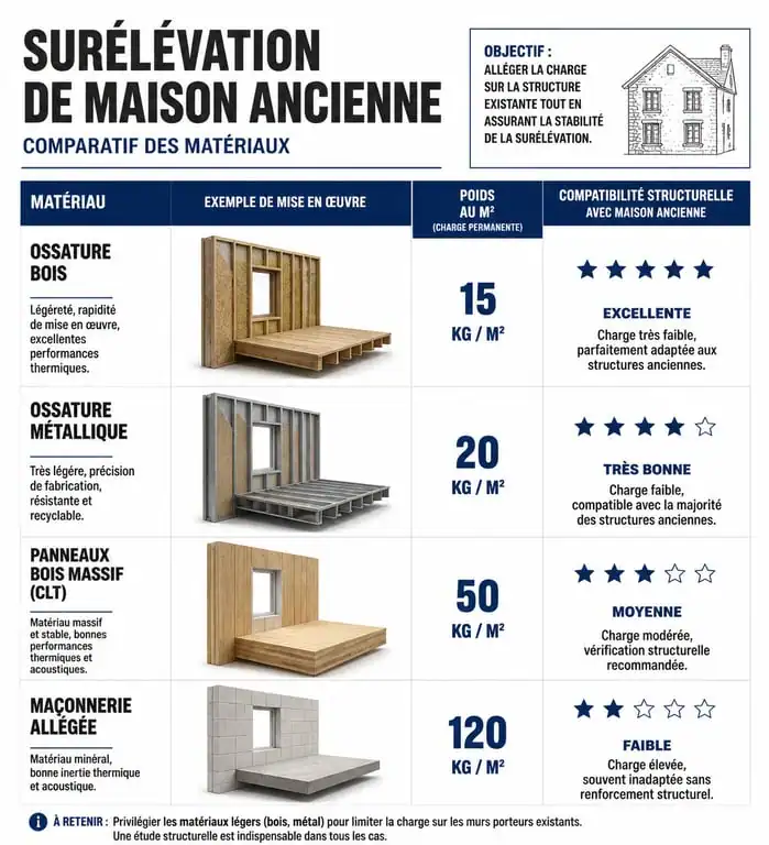 Infographie comparative des matériaux pour surélévation de maison ancienne