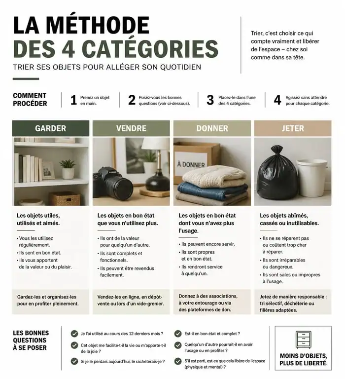 Infographie de la méthode de tri pour vider une maison : garder, vendre, donner, jeter