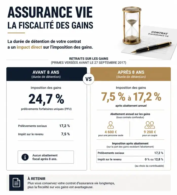 Infographie explicative de la fiscalité de l'assurance vie expliquée aux nuls, comparatif des taux d'imposition avant et après 8 ans