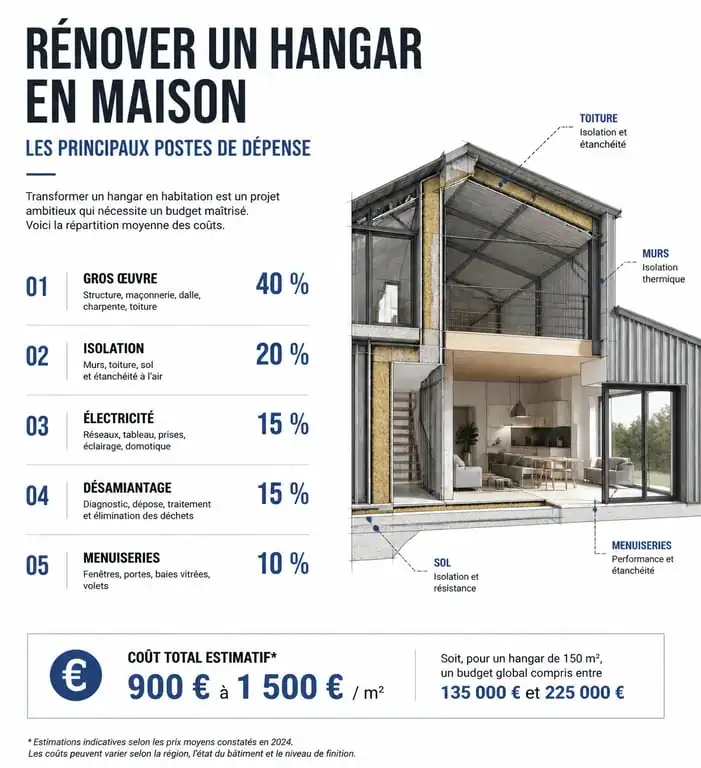 Infographie des coûts de transformation d'un hangar aménagé en maison