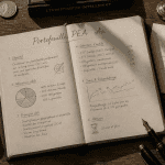 Exemple portefeuille PEA sur bureau avec carnet et graphiques