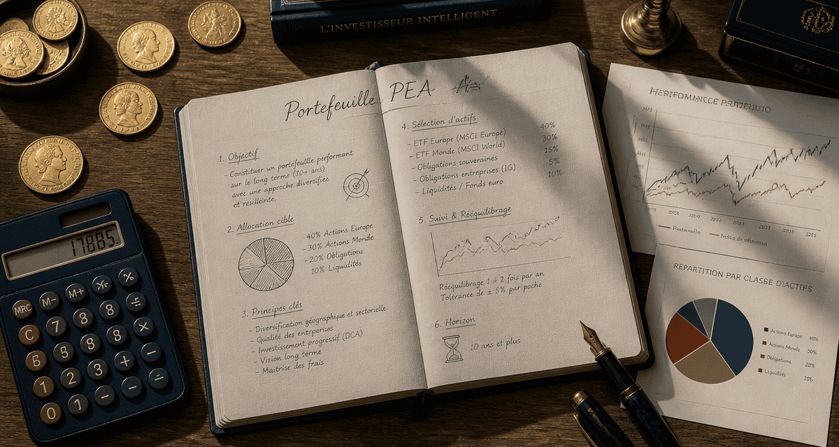 Exemple portefeuille PEA sur bureau avec carnet et graphiques