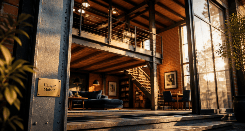 hangar aménagé en maison avec grande baie vitrée et mezzanine