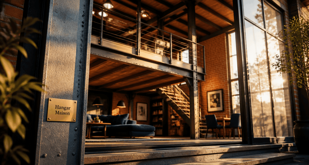 hangar aménagé en maison avec grande baie vitrée et mezzanine