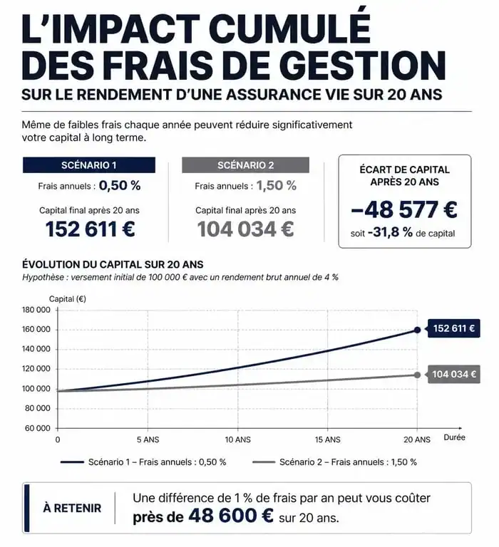 Graphique illustrant l'impact des frais de gestion sur le rendement d'une assurance vie