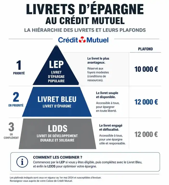 Infographie comparative des livrets d'épargne au Crédit Mutuel : LEP, Livret Bleu et LDDS pour identifier le livret qui rapporte le plus.