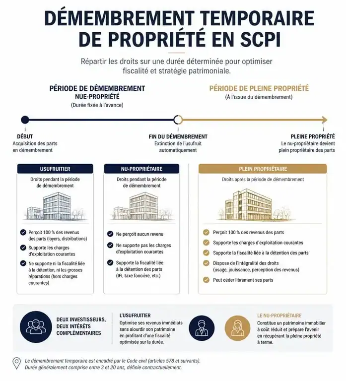 Schéma explicatif du mécanisme de démembrement temporaire pour un investissement en SCPI en nue-propriété