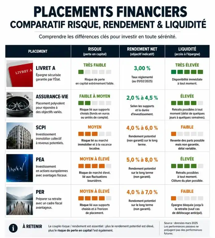 Infographie comparative des placements financiers pour savoir où mettre son argent en 2026