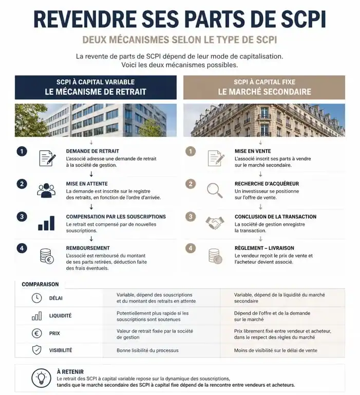 Processus de revente de parts de SCPI : étapes pour capital variable et fixe