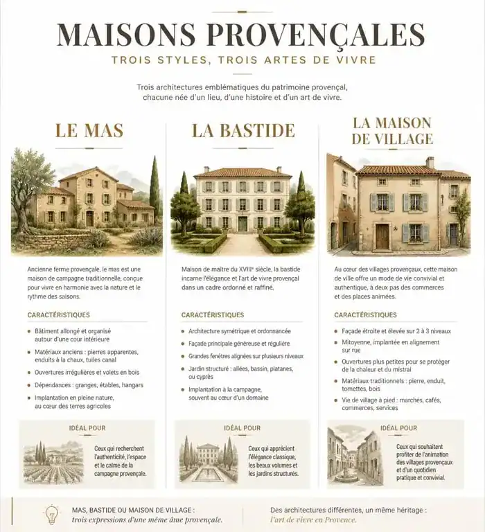 Comparatif architectural des styles de maison provençale : mas, bastide et maison de village