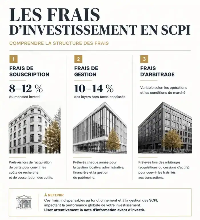 Infographie sur les frais d'investissement en SCPI : souscription, gestion et arbitrage pour un avis sur SCPI éclairé.
