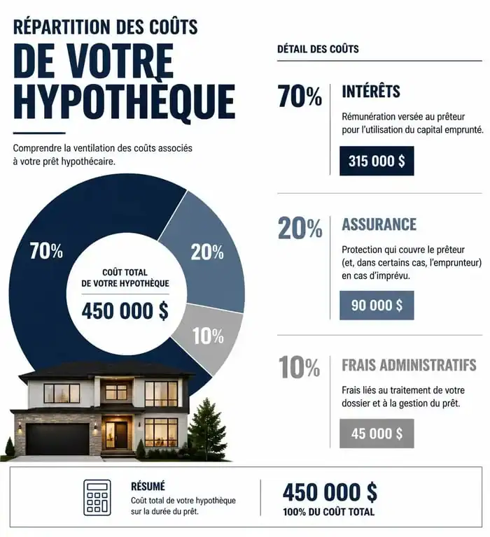 Graphique illustrant la décomposition du coût d'un crédit immobilier : intérêts, assurance et frais annexes.