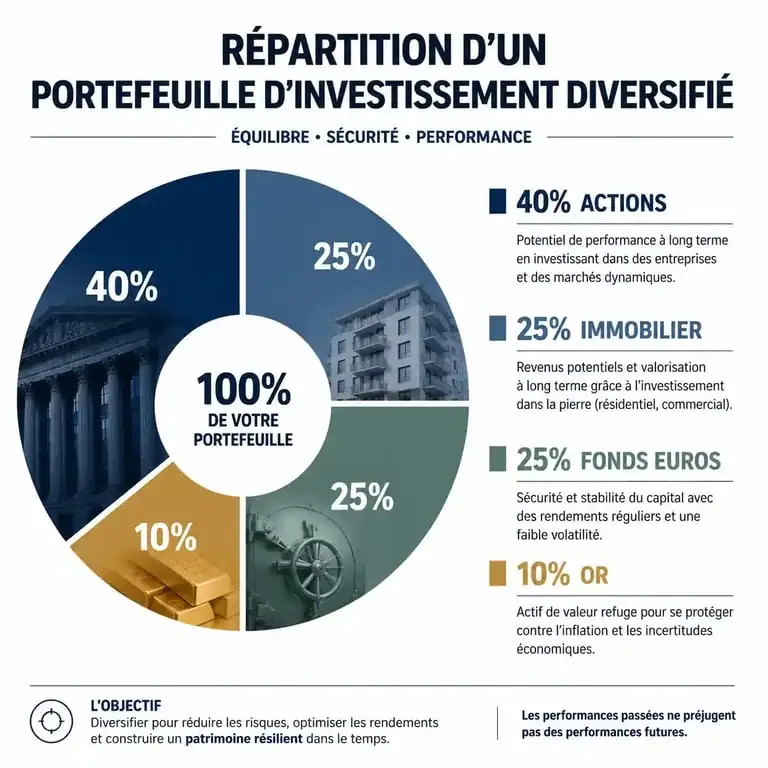 Infographie illustrant la stratégie de diversification d'un investisseur heureux avec répartition entre actions, immobilier, fonds euros et or.