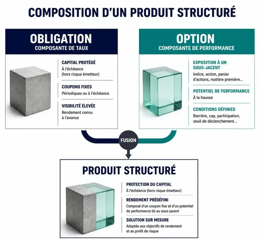 Schéma explicatif de la structure d'un produit structuré : combinaison d'une obligation et d'une option