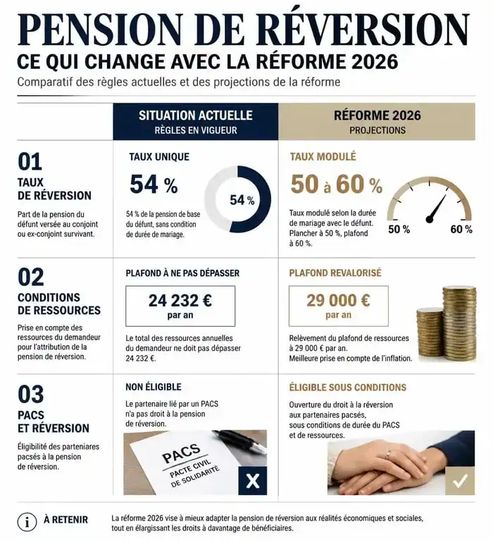 Infographie comparative des changements de la pension de réversion 2026