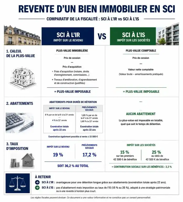 Infographie comparative de la fiscalité et calcul plus-value immobilière SCI à l'IR vs SCI à l'IS